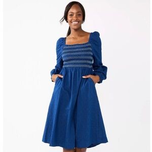 Draper James Navy Smocked Bodice Puff Sleeve Midi Long Sleeve Dress Large Boho